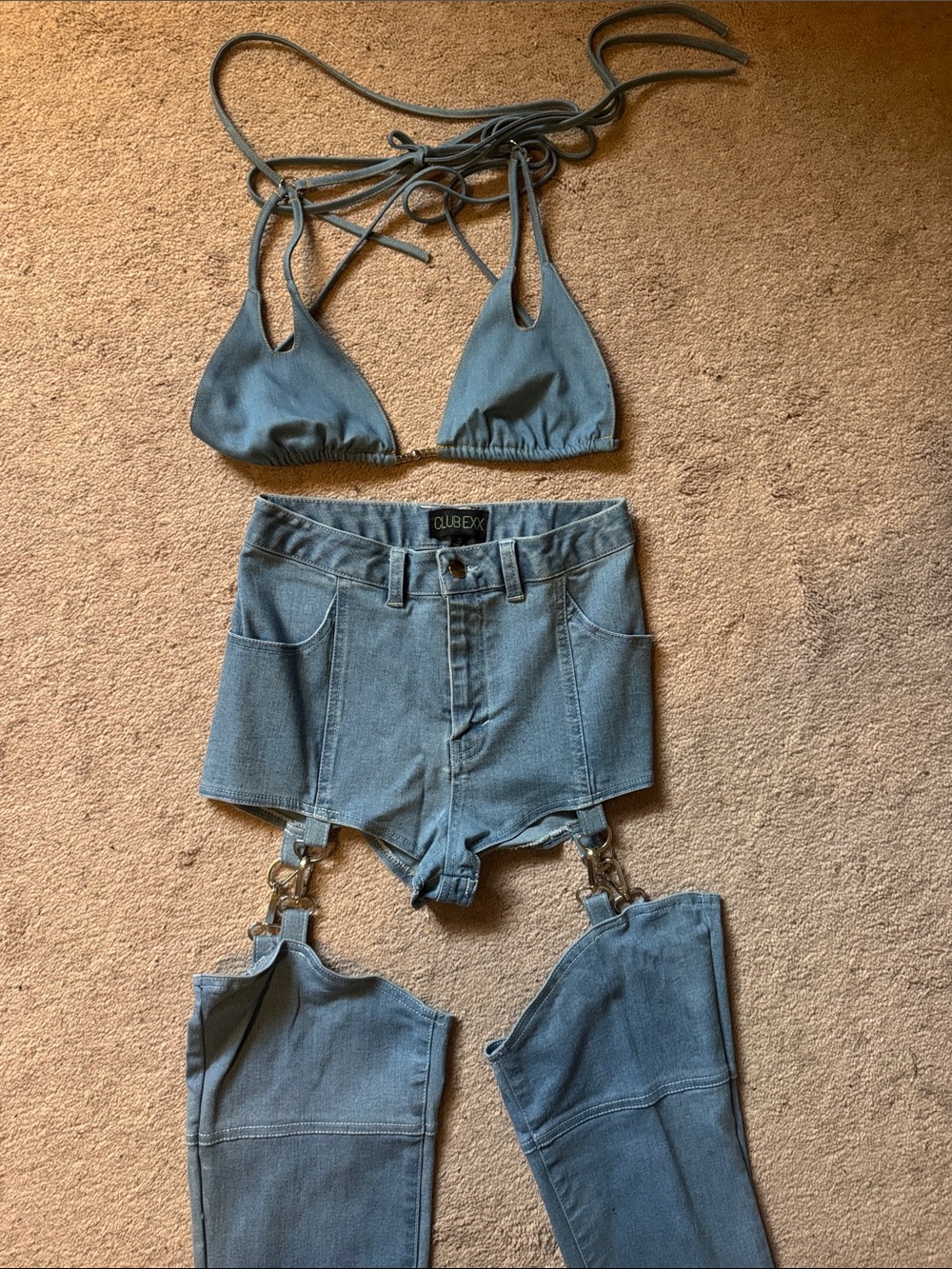 Club Exx Blue Denim Two-Piece Harness Short Set